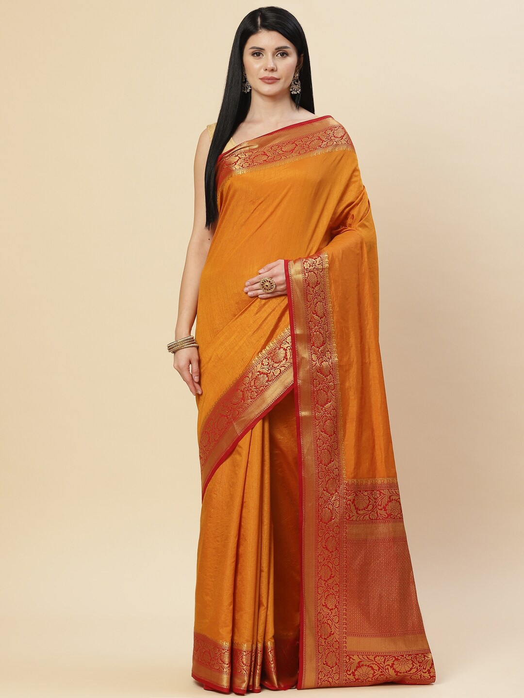 

Meena Bazaar Mustard & Gold-Toned Zari Art Silk Saree