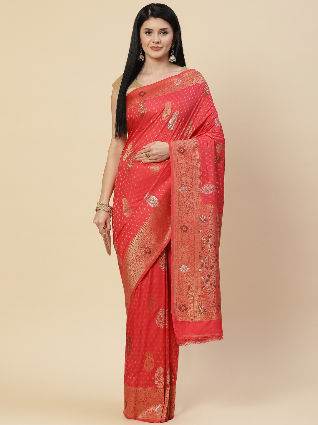 

Meena Bazaar Pink & Gold-Toned Woven Design Zari Art Silk Saree