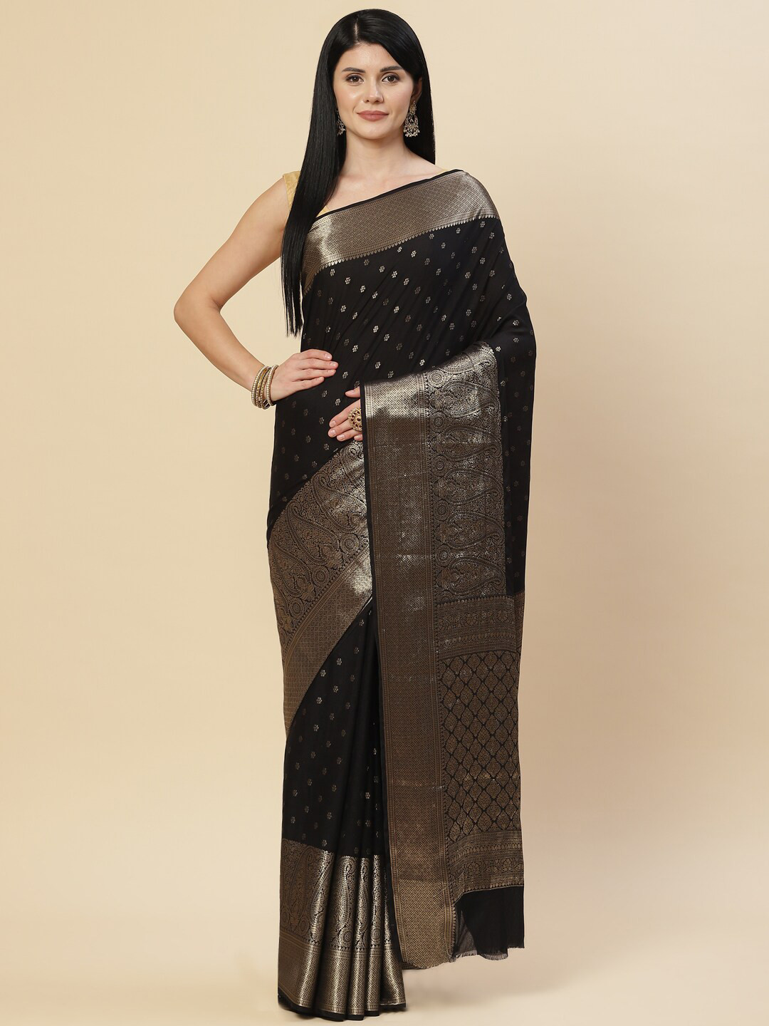

Meena Bazaar Black & Copper-Toned Woven Design Zari Saree