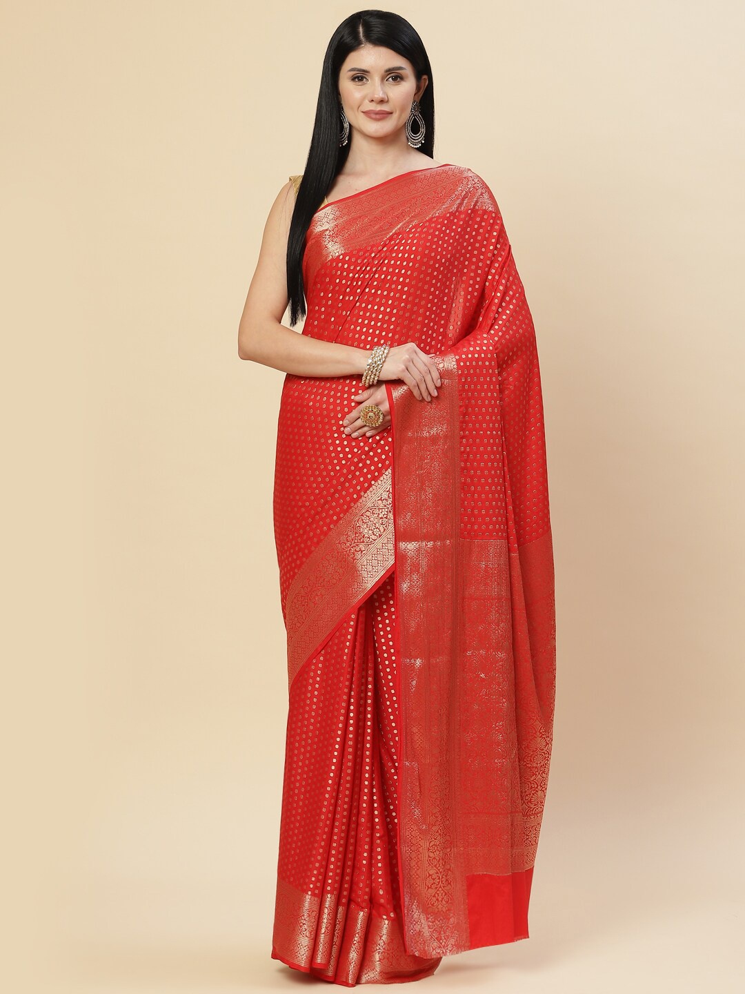 

Meena Bazaar Red & Gold-Toned Woven Design Zari Saree