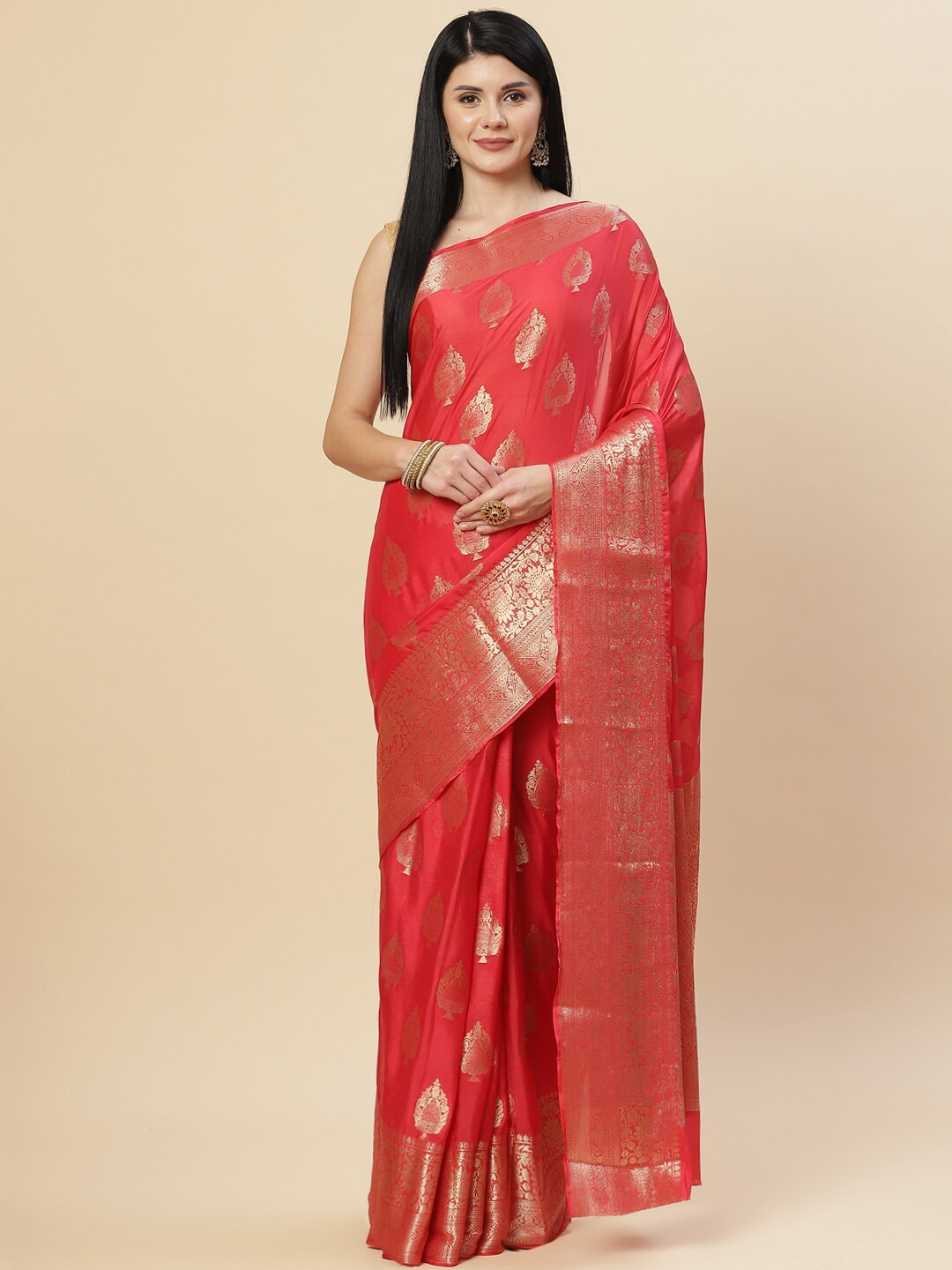 

Meena Bazaar Pink & Gold-Toned Woven Design Zari Saree