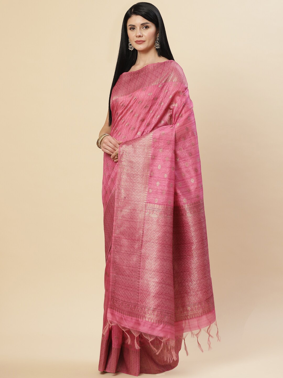 

Meena Bazaar Pink & Silver-Toned Woven Design Zari Art Silk Tussar Saree