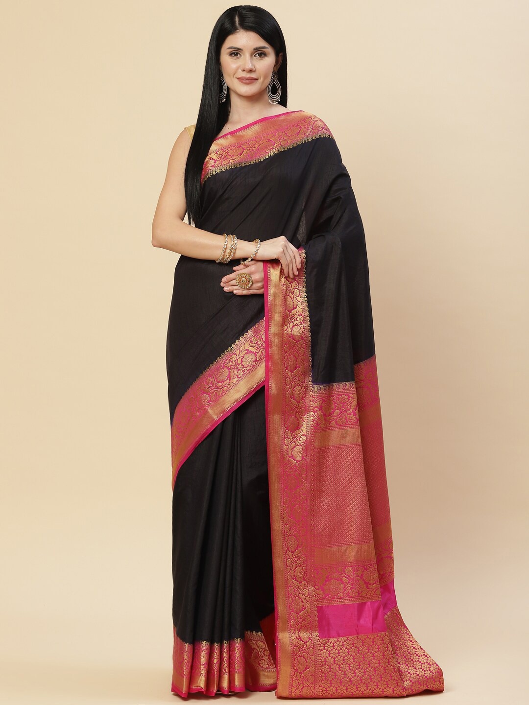 

Meena Bazaar Black & Pink Zari Art Silk Saree