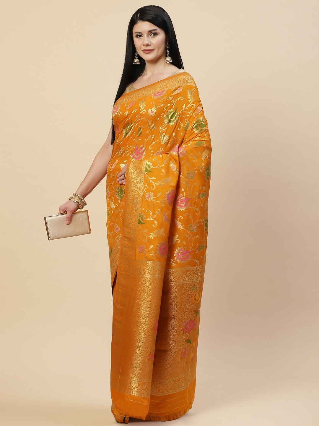 

Meena Bazaar Mustard & Gold-Toned Woven Design Zari Art Silk Saree