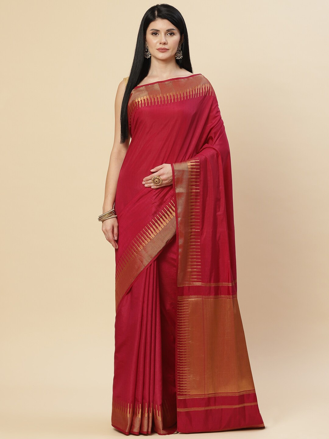 

Meena Bazaar Burgundy & Gold-Toned Zari Art Silk Saree