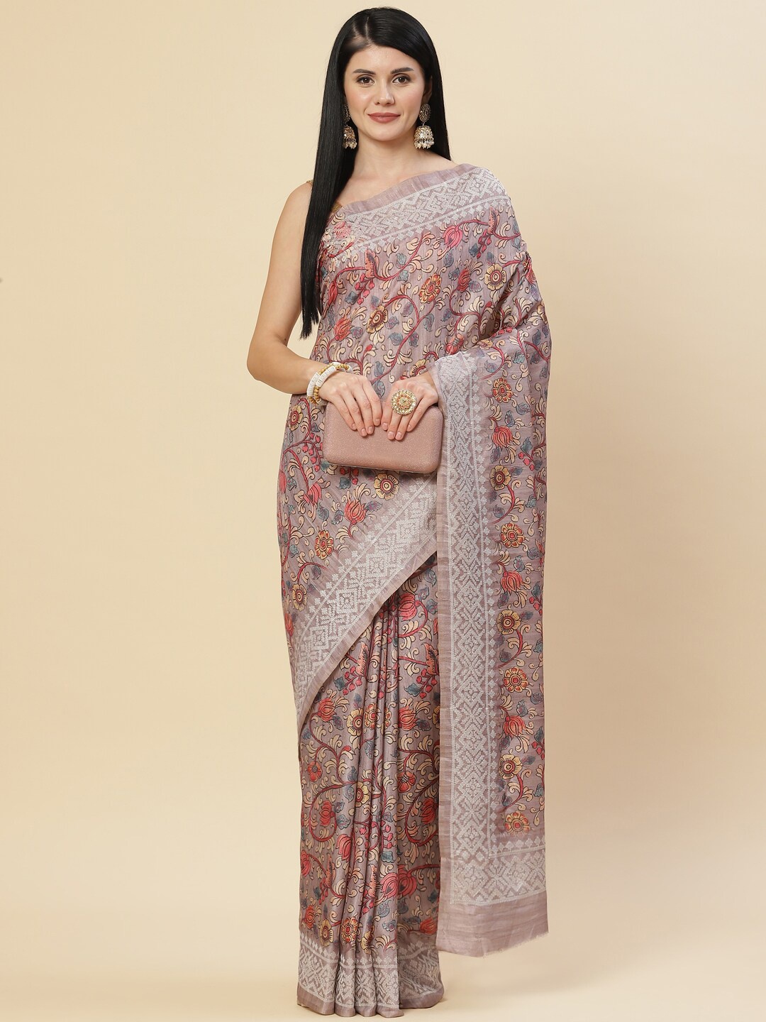 

Meena Bazaar Lavender & Red Floral Art Silk Tussar Saree
