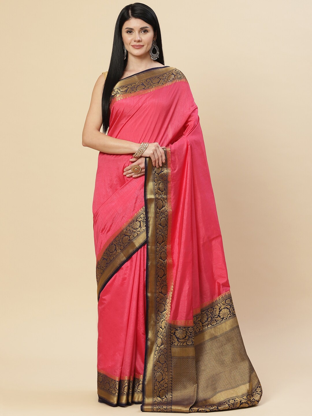 

Meena Bazaar Pink & Black Zari Art Silk Saree