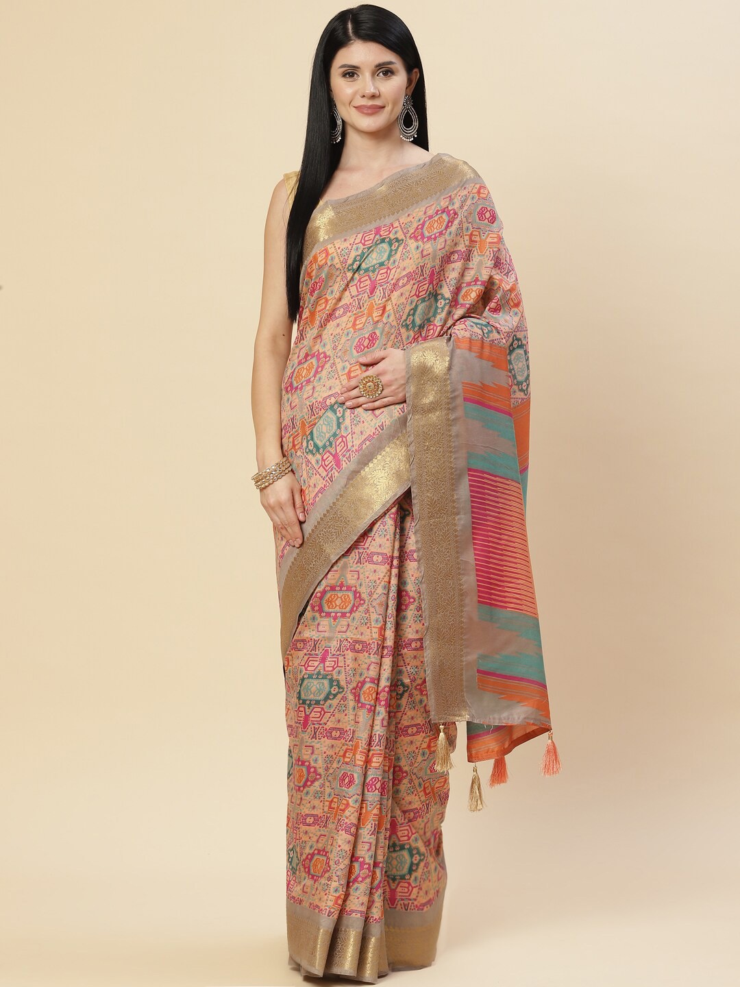

Meena Bazaar Peach-Coloured & Blue Ethnic Motifs Zari Art Silk Saree