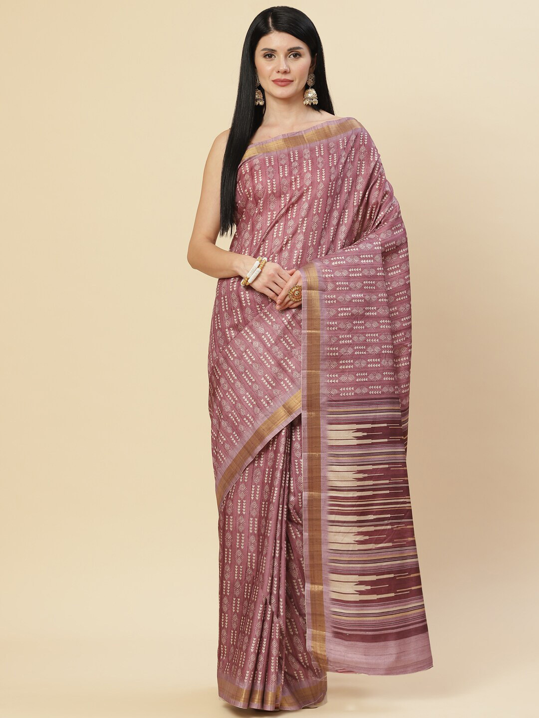 

Meena Bazaar Purple & Gold-Toned Ethnic Motifs Zari Art Silk Tussar Saree