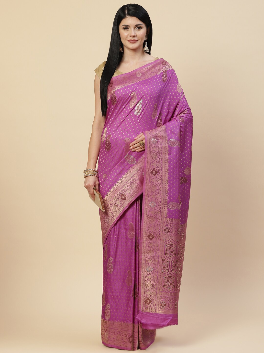 

Meena Bazaar Lavender & Gold-Toned Woven Design Zari Art Silk Saree