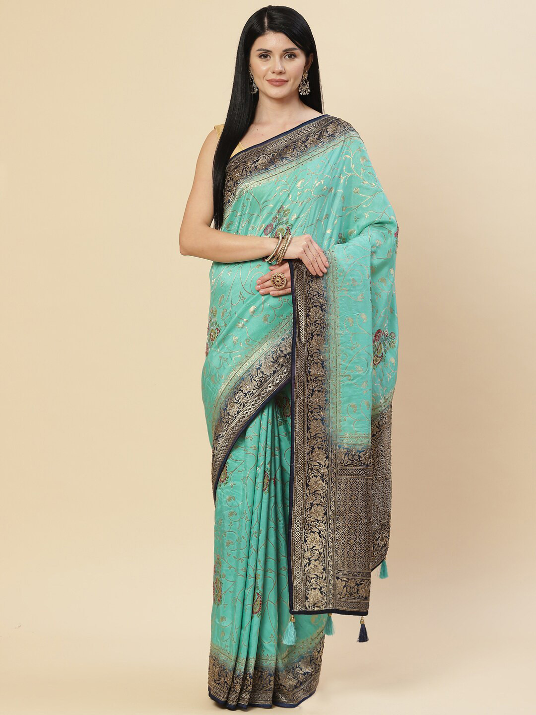 

Meena Bazaar Sea Green & Blue Woven Design Zari Art Silk Banarasi Saree