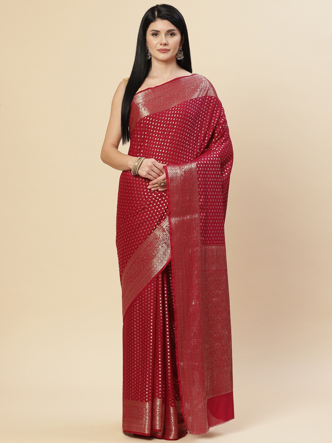 

Meena Bazaar Burgundy & Gold-Toned Woven Design Zari Saree