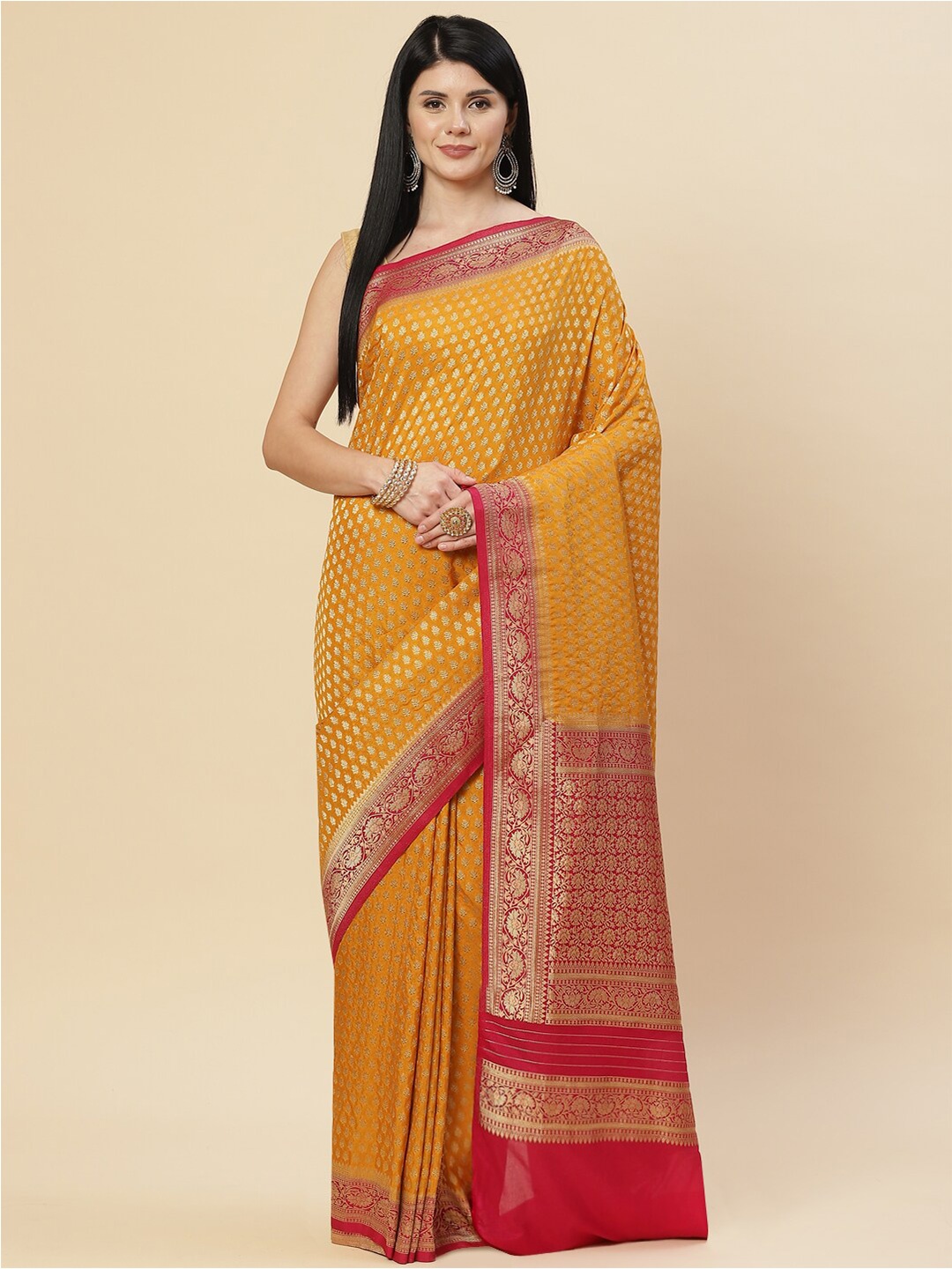 

Meena Bazaar Mustard & Red Woven Design Zari Saree