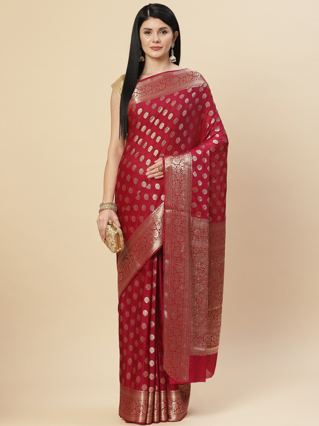 

Meena Bazaar Burgundy & Gold-Toned Woven Design Zari Saree