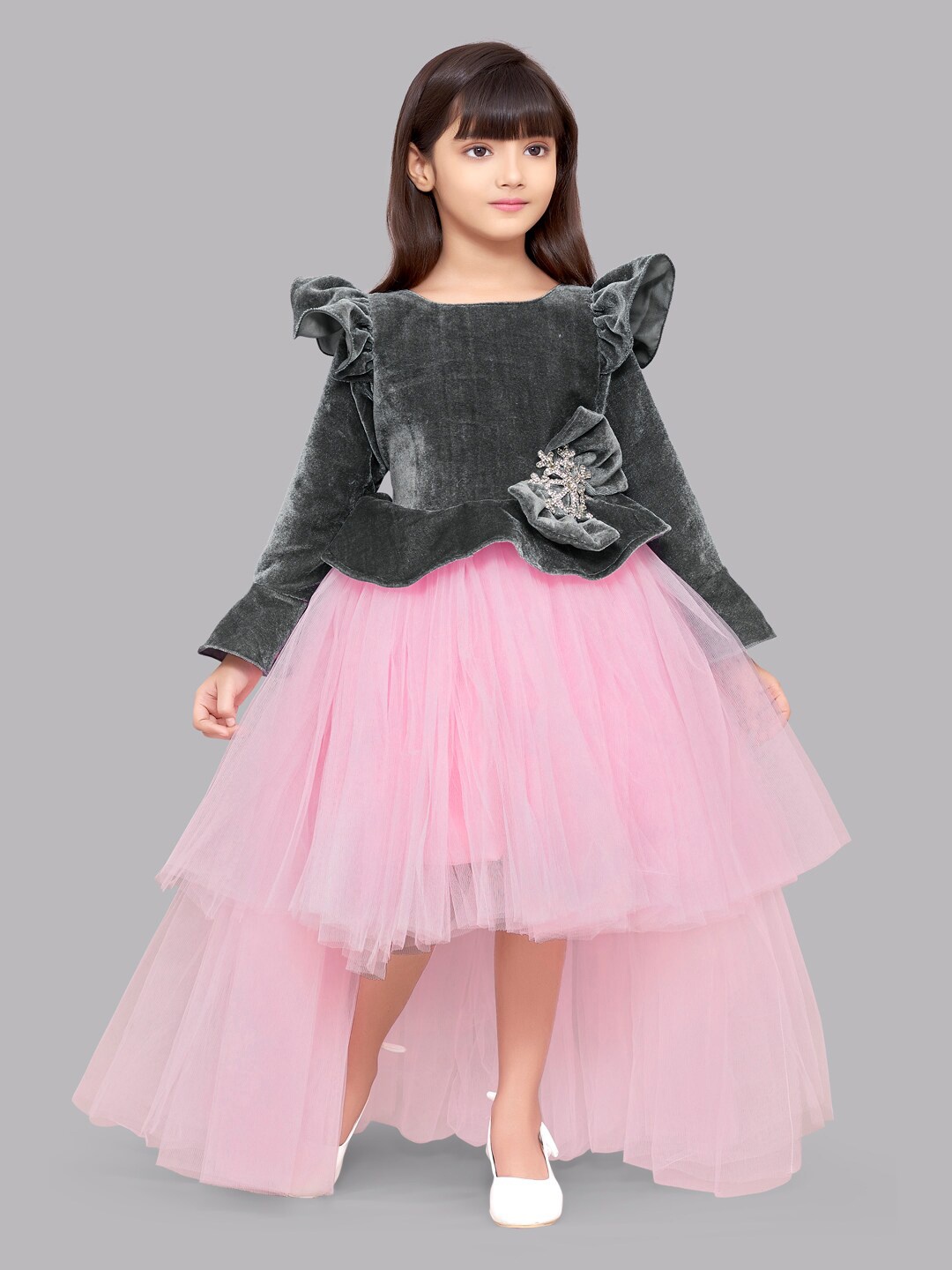 

Pink Chick Girls Grey & Pink Embellished High Low Velvet Dress