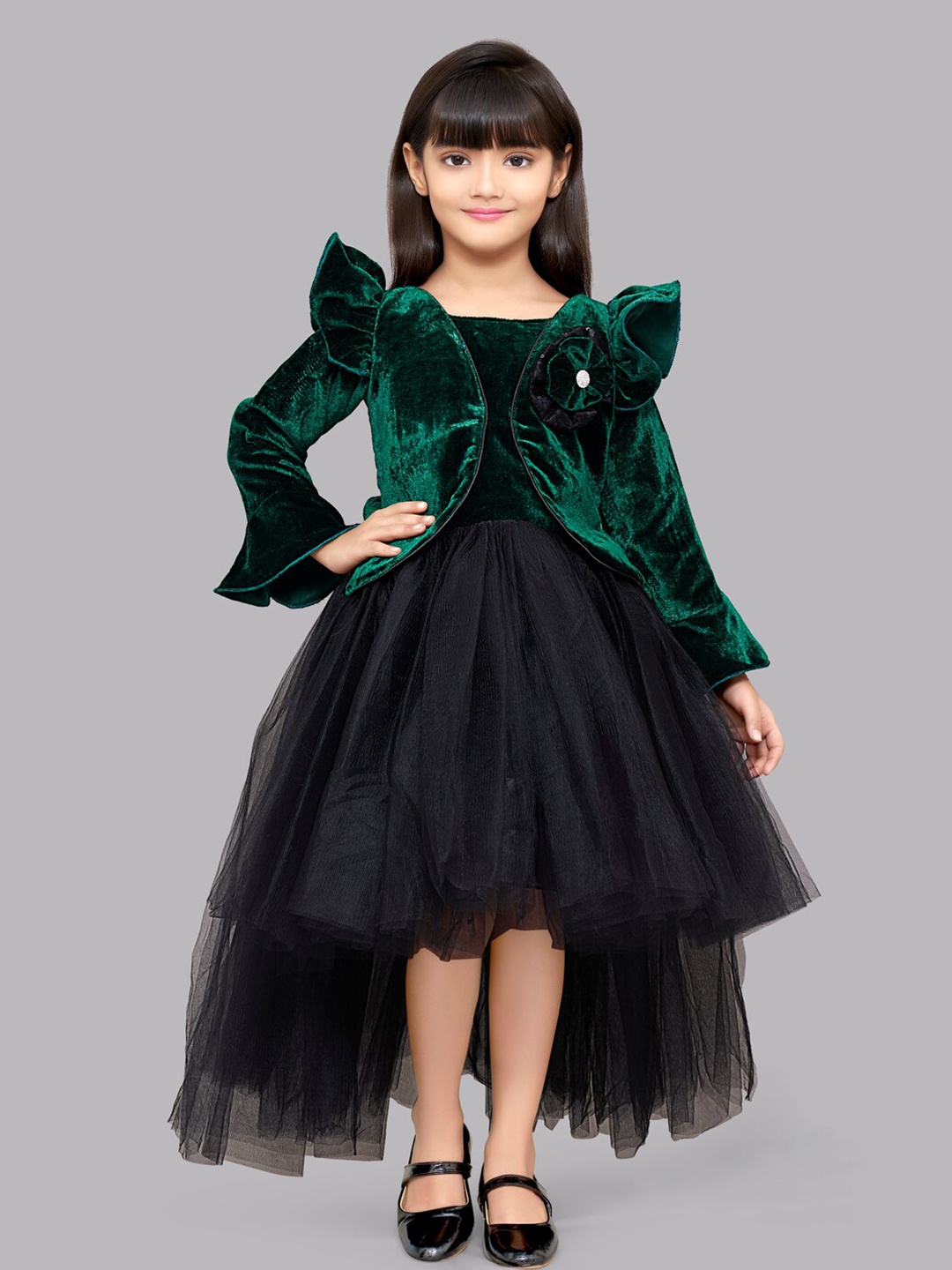

Pink Chick Girls Green & Black High Low Velvet Dress