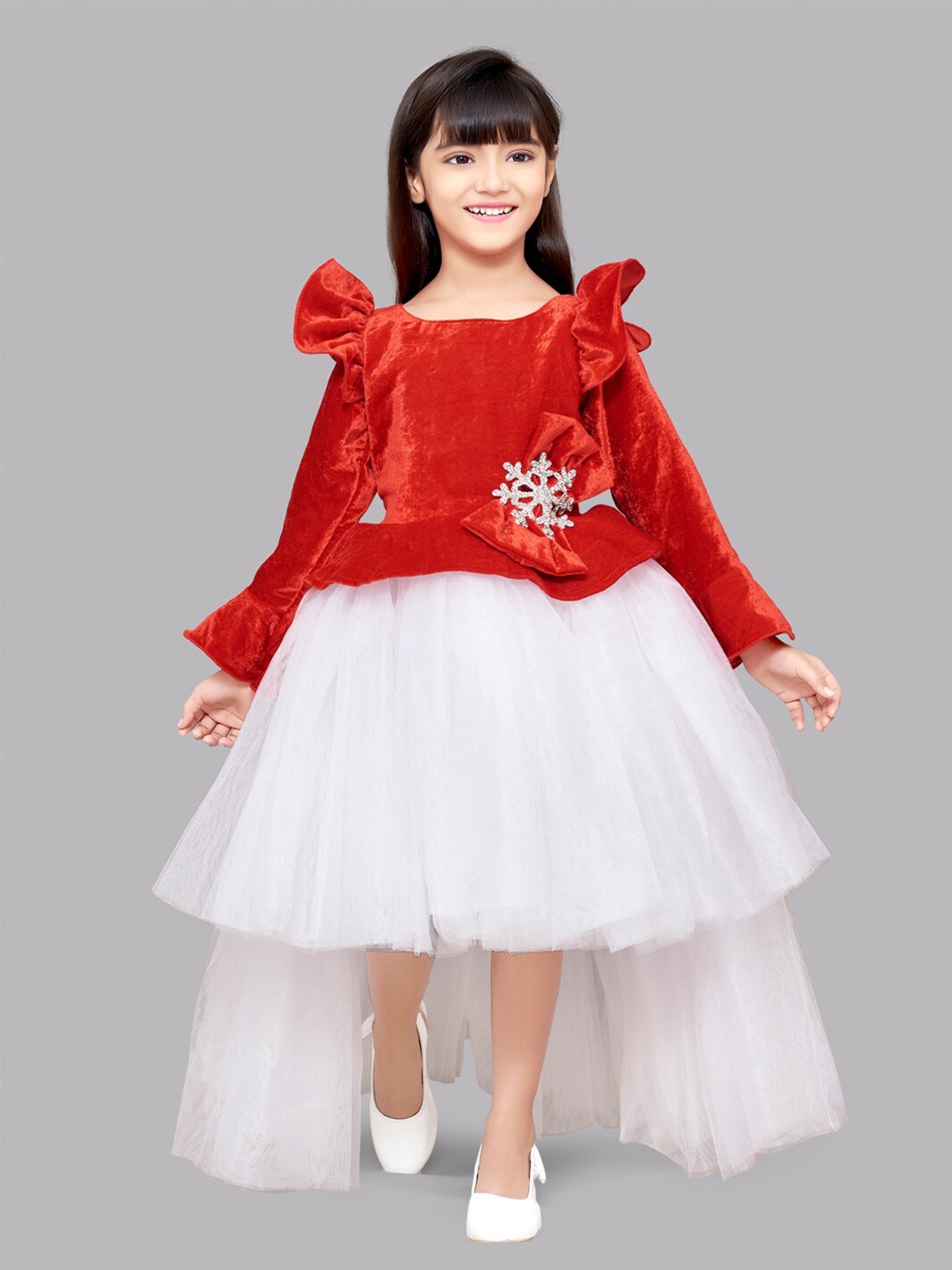 

Pink Chick Girls Red & White Embellished High Low Velvet Dress