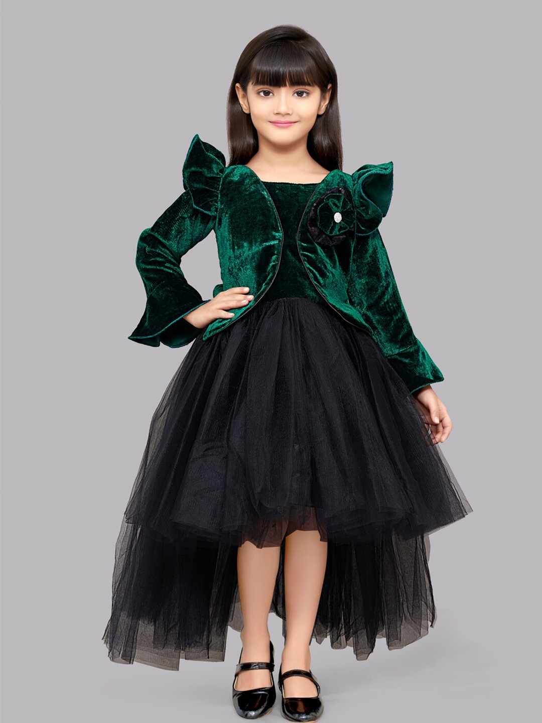 

Pink Chick Girls Green & Black Velvet Bow Detail Hi-Low Dress