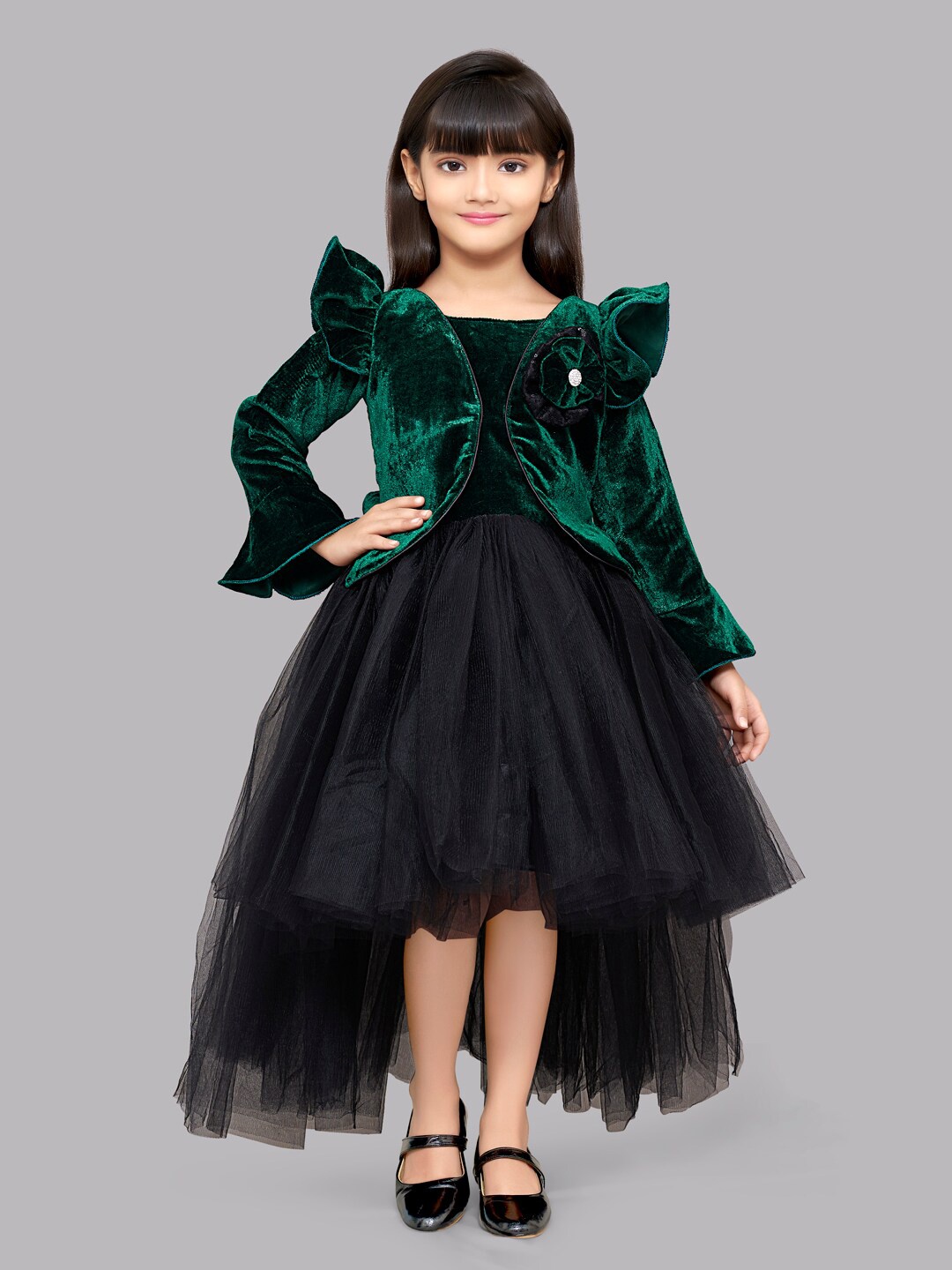 

Pink Chick Girls Green & Black High Low Velvet Dress