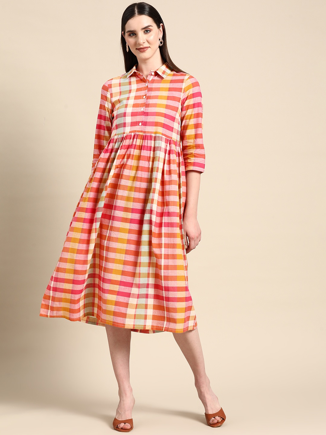 

Anouk X Kaamkaaj Pure Cotton Checked A-Line Midi Dress, Red