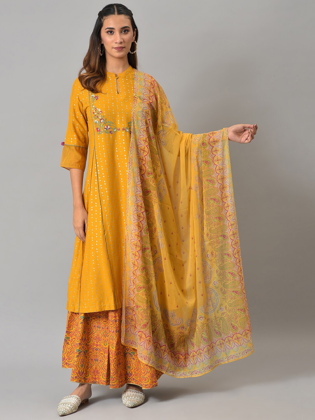 

W Women Mustard & Pink Ethnic Motifs Printed Dupatta