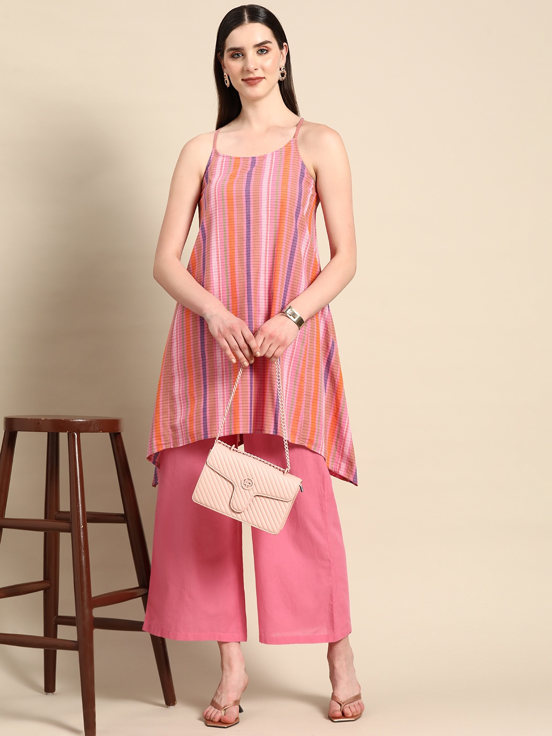 

Anouk X Kaamkaaj Women Striped Pleated Pure Cotton Kurta with Palazzos, Pink