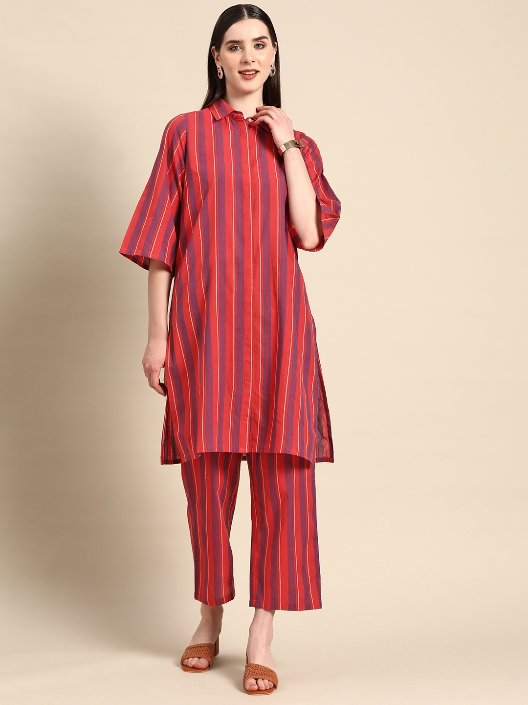 

Anouk X Kaamkaaj Women Striped Pure Cotton Kurta with Trousers, Purple