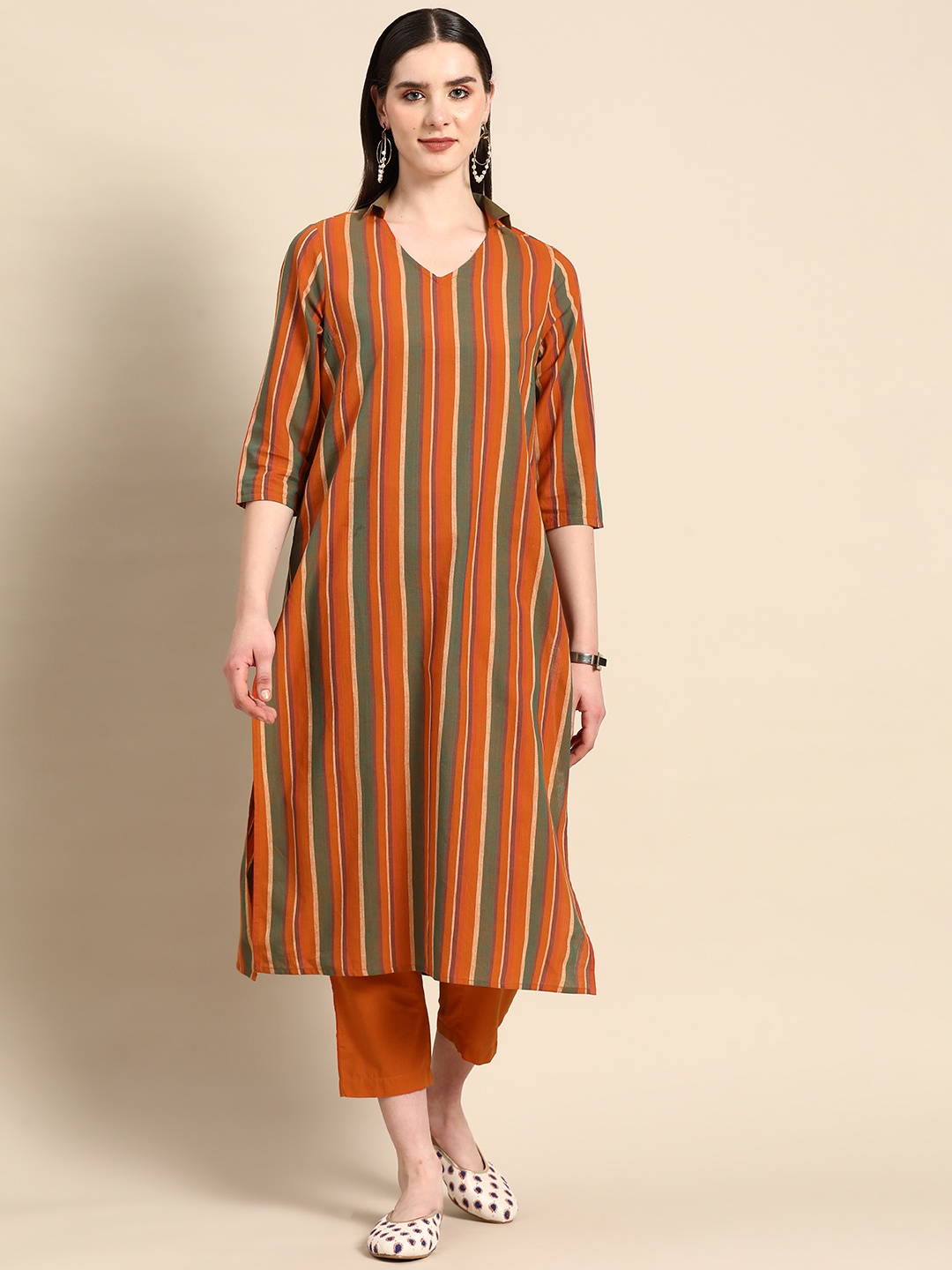 

Anouk X Kaamkaaj Women Striped Pure Cotton Kurta with Trousers, Orange