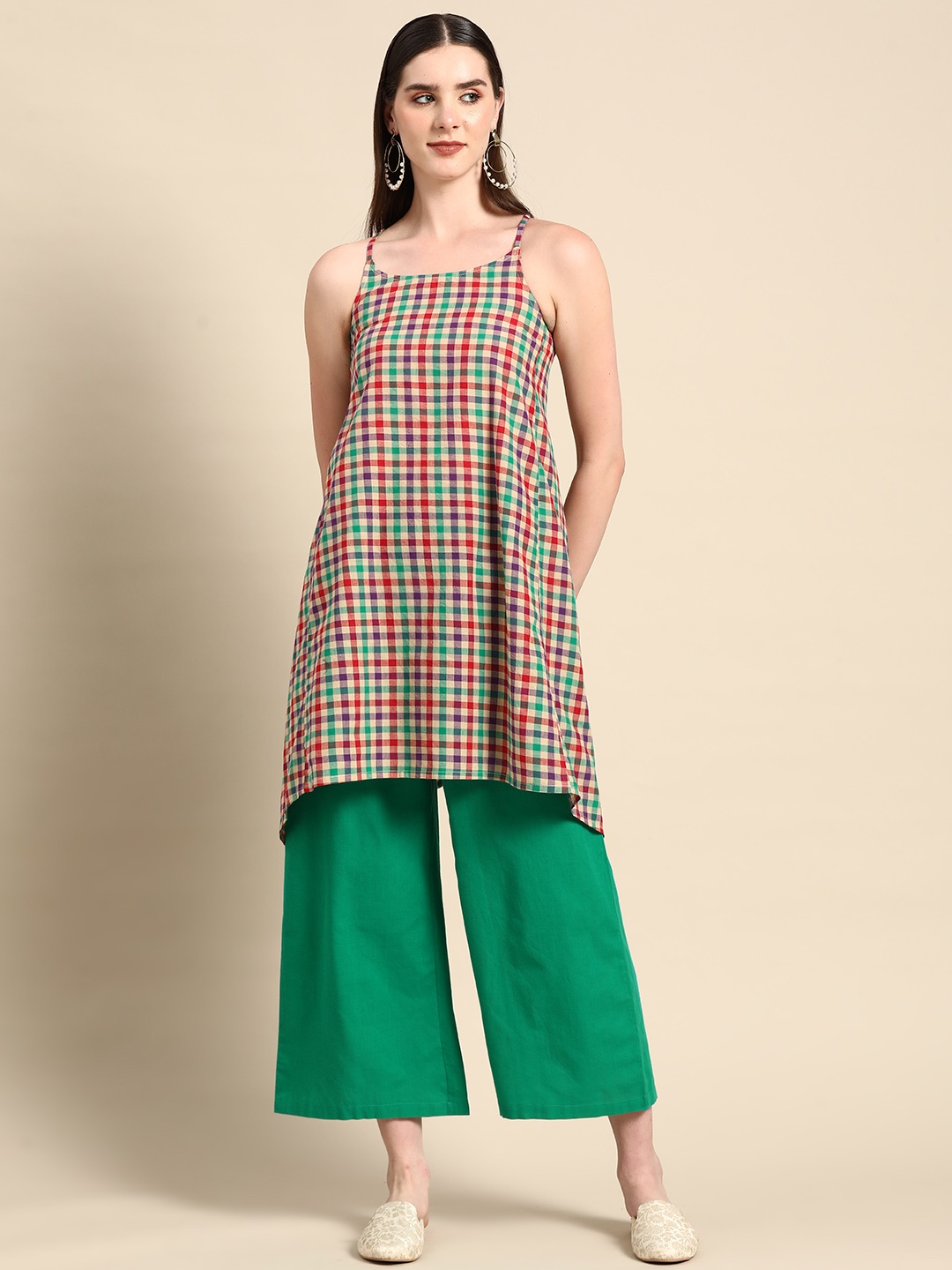 

Anouk X Kaamkaaj Women Pleated Pure Cotton Kurta with Palazzos, Beige