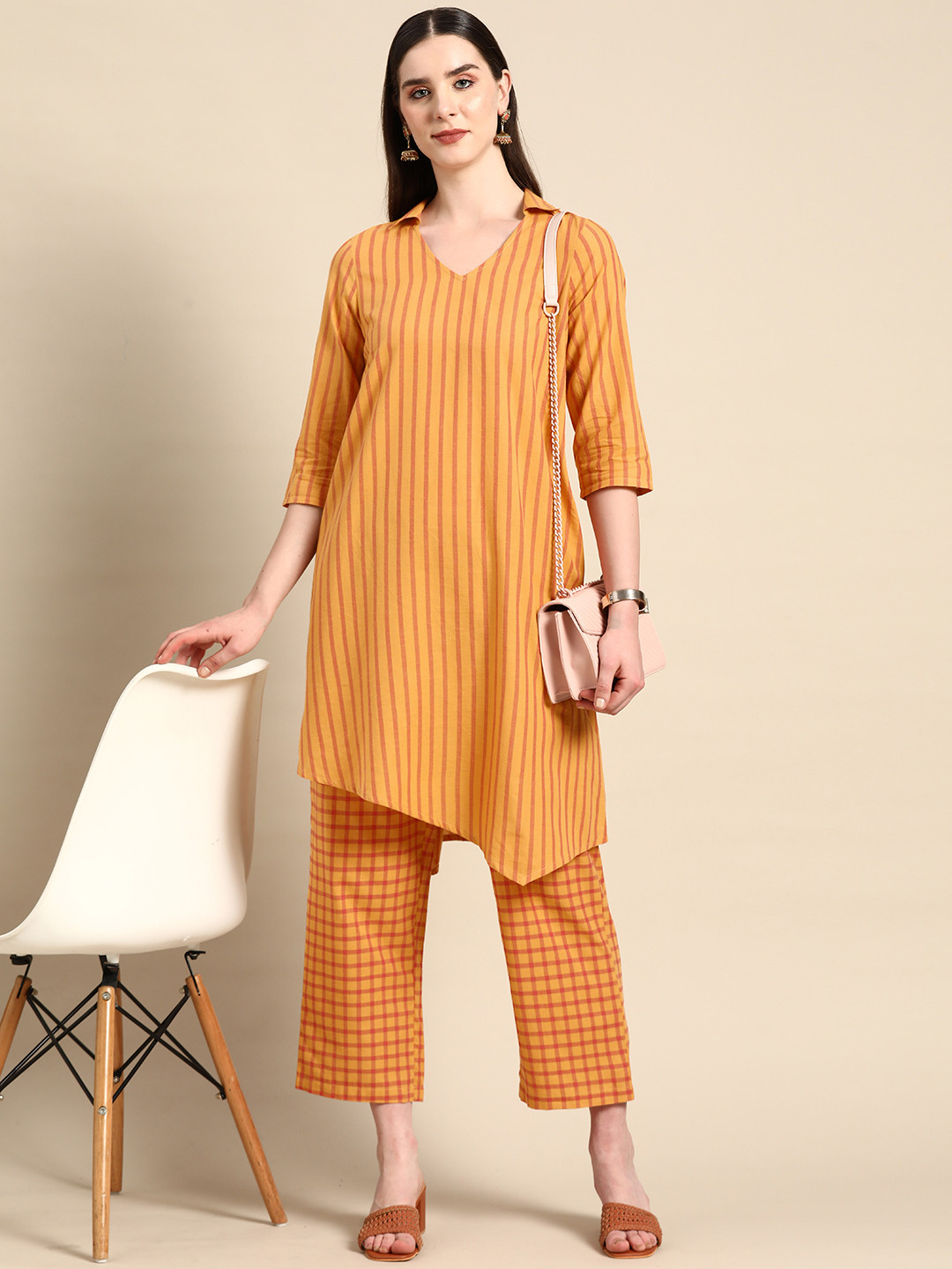 

Anouk X Kaamkaaj Women Striped Pure Cotton Kurta with Trousers, Mustard