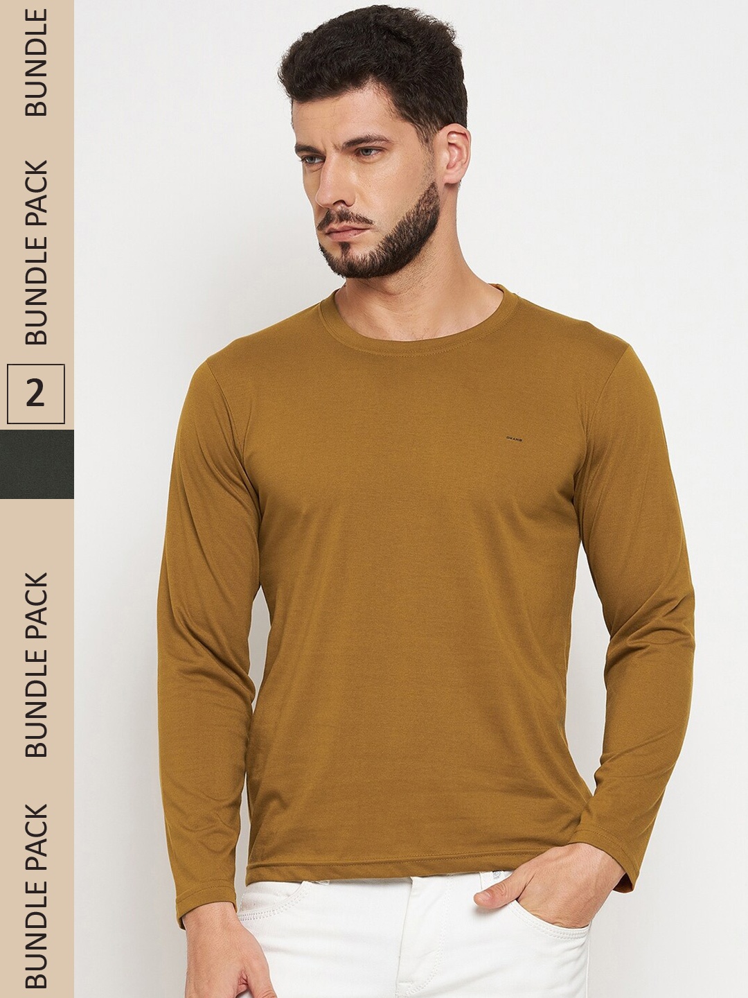 

Okane Men Pack Of 2 Tan & Grey Melange Slim Fit Cotton T-shirt