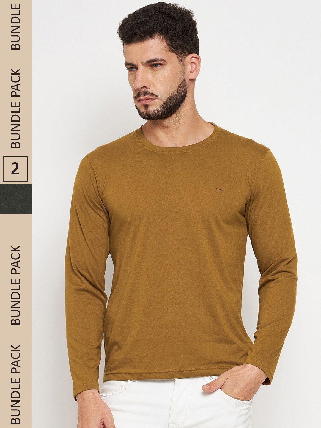 

Okane Men Pack Of 2 Tan & Grey Melange Round Neck Slim Fit Cotton T-shirt