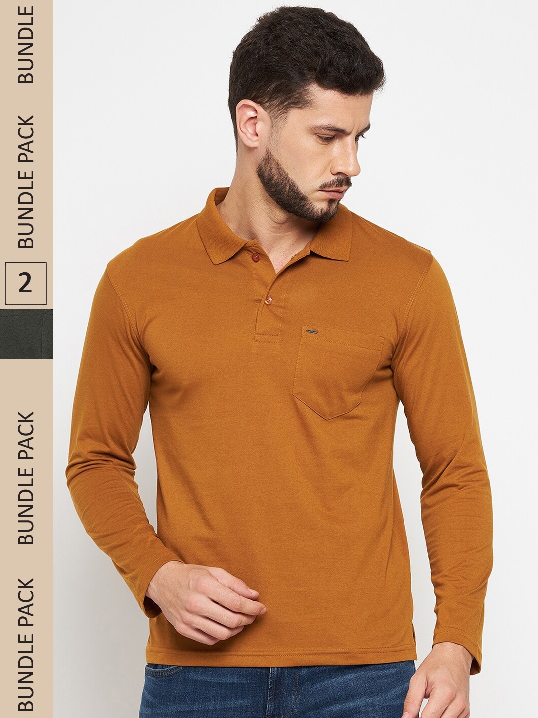 

Okane Men Pack Of 2 Tan & Olive Green Polo Collar Cotton T-shirt