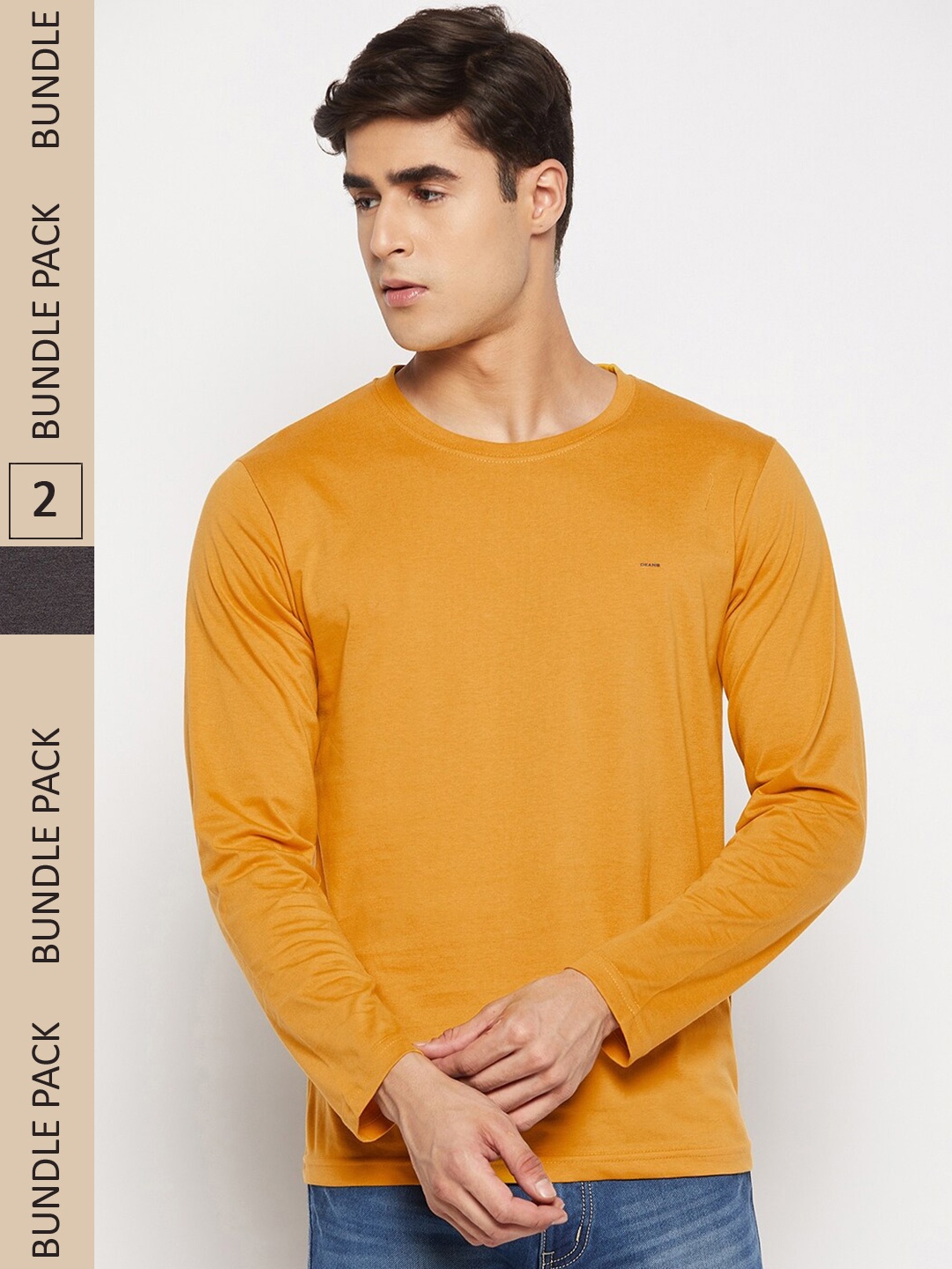 

Okane Men Pack Of 2 Mustrad & Charcol Round Neck Cotton T-shirt, Multi