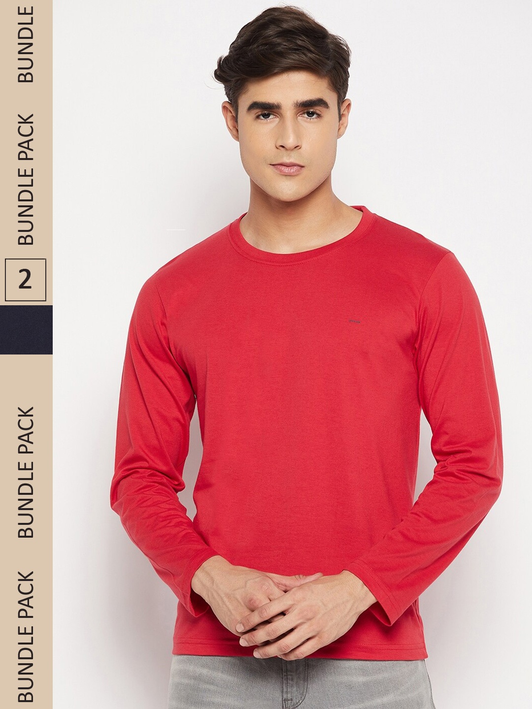 

Okane Men Pack Of 2 Red & Navy Blue Round Neck Cotton T-shirt