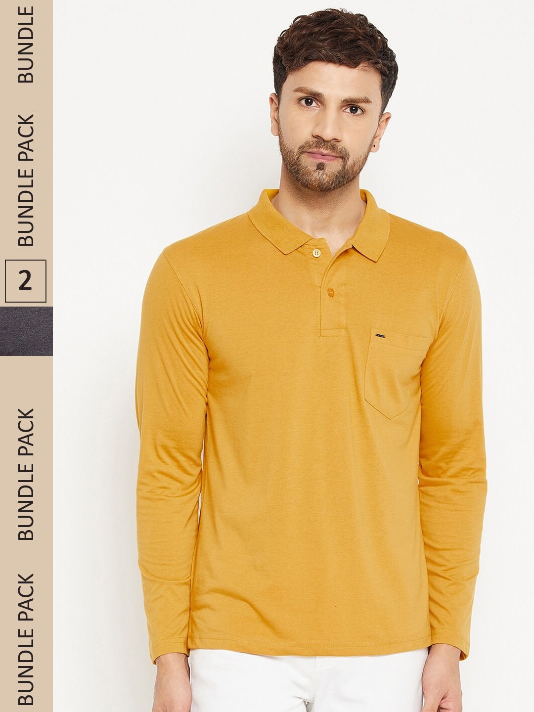 

Okane Men Pack Of 2 Mustard Yellow & Grey Polo Collar Cotton T-shirt