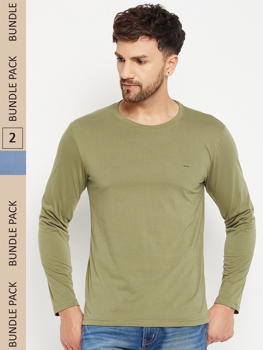 

Okane Men Olive Green & Blue Pack of 2 T-shirt