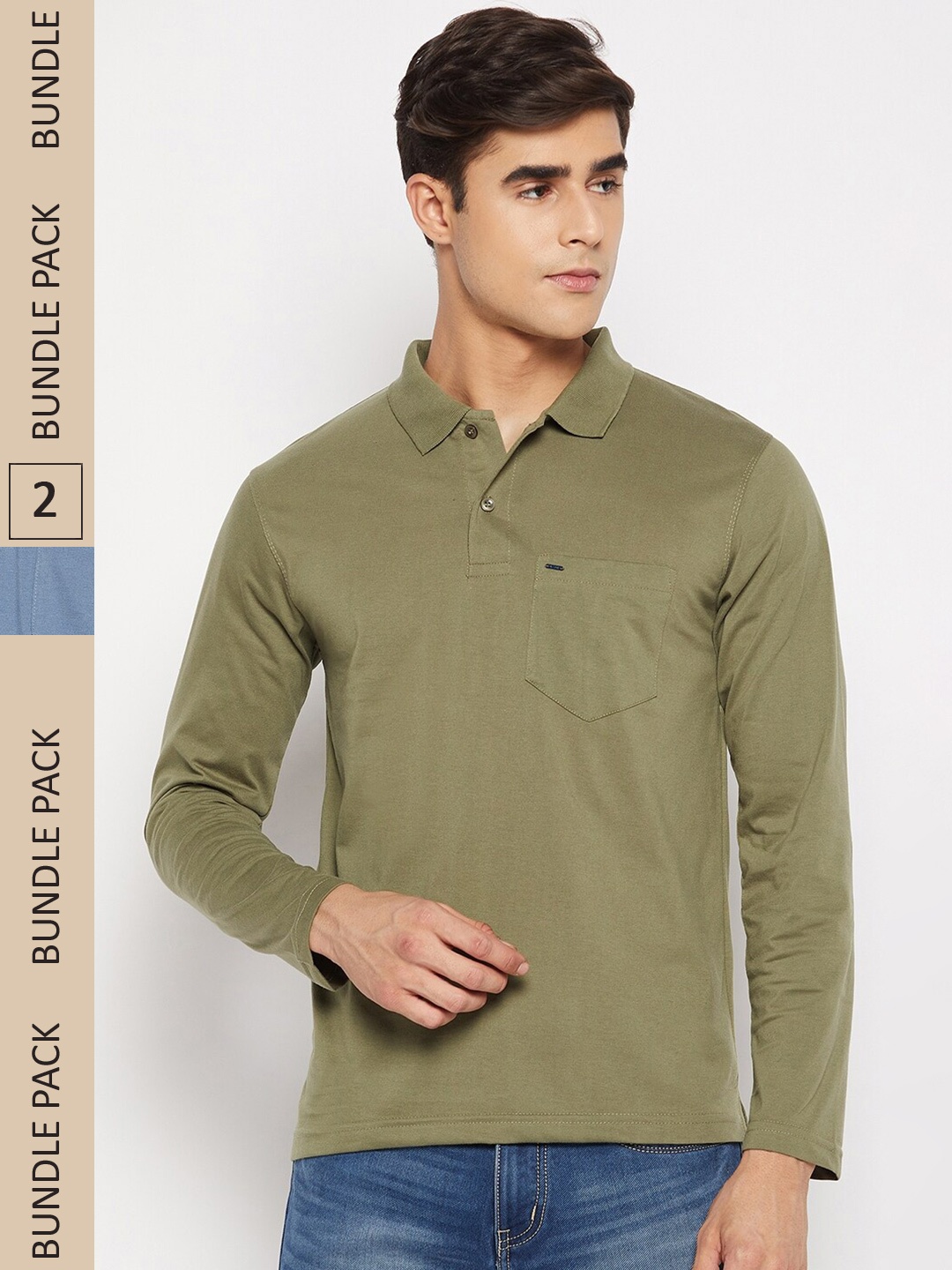 

Okane Men Pack Of 2 Olive Green & Blue Polo Collar T-shirt
