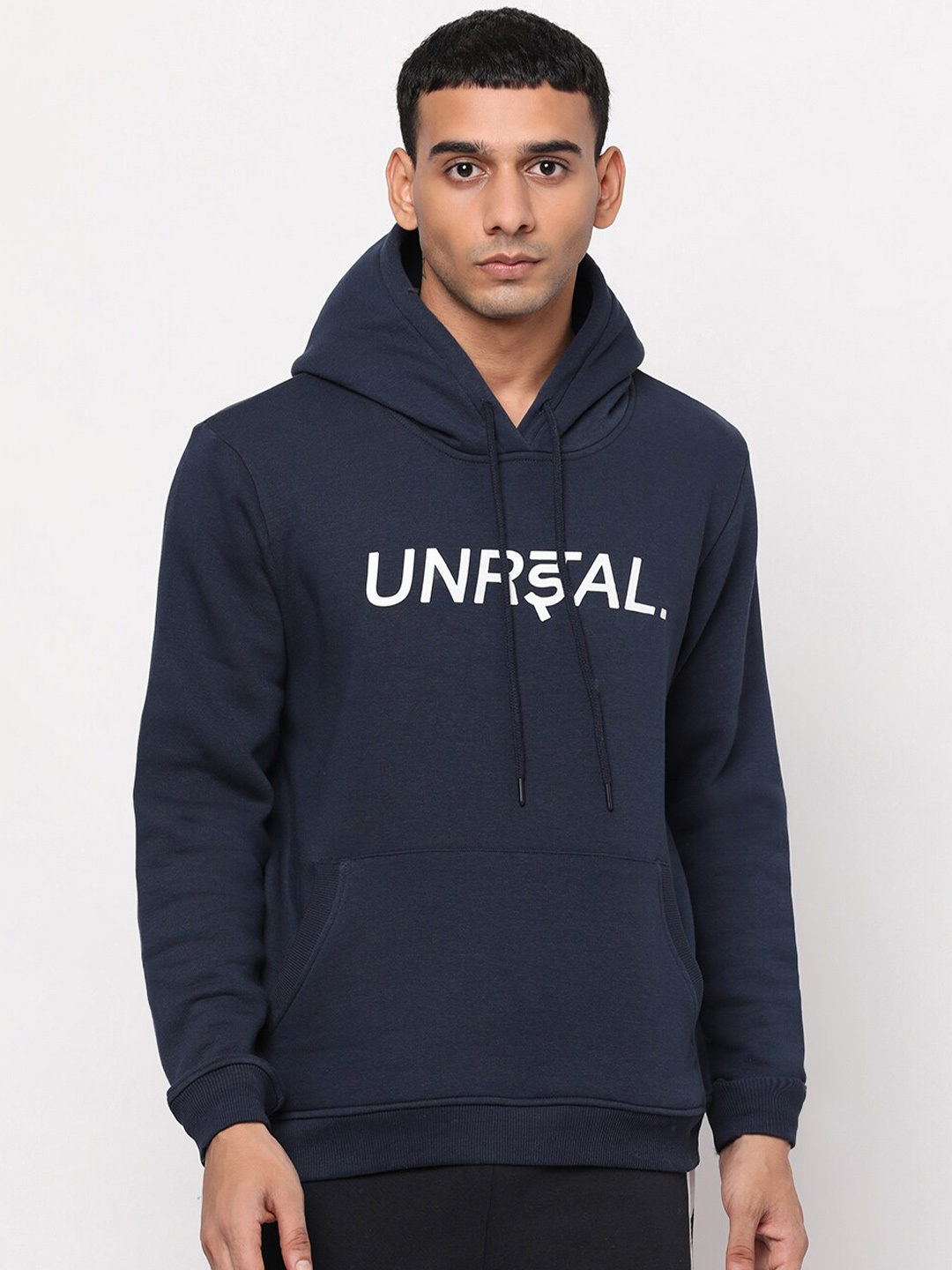 

YOONOY Men Navy Blue Typography Printed Hooded Sweatshirt