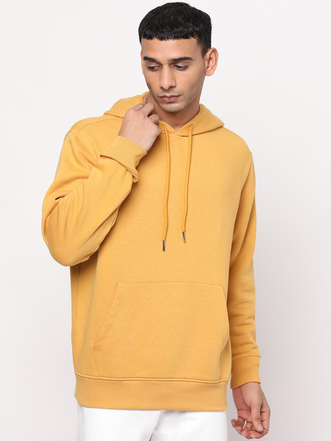 

YOONOY Men Mustard Yellow Solid Hooded Sweatshirt