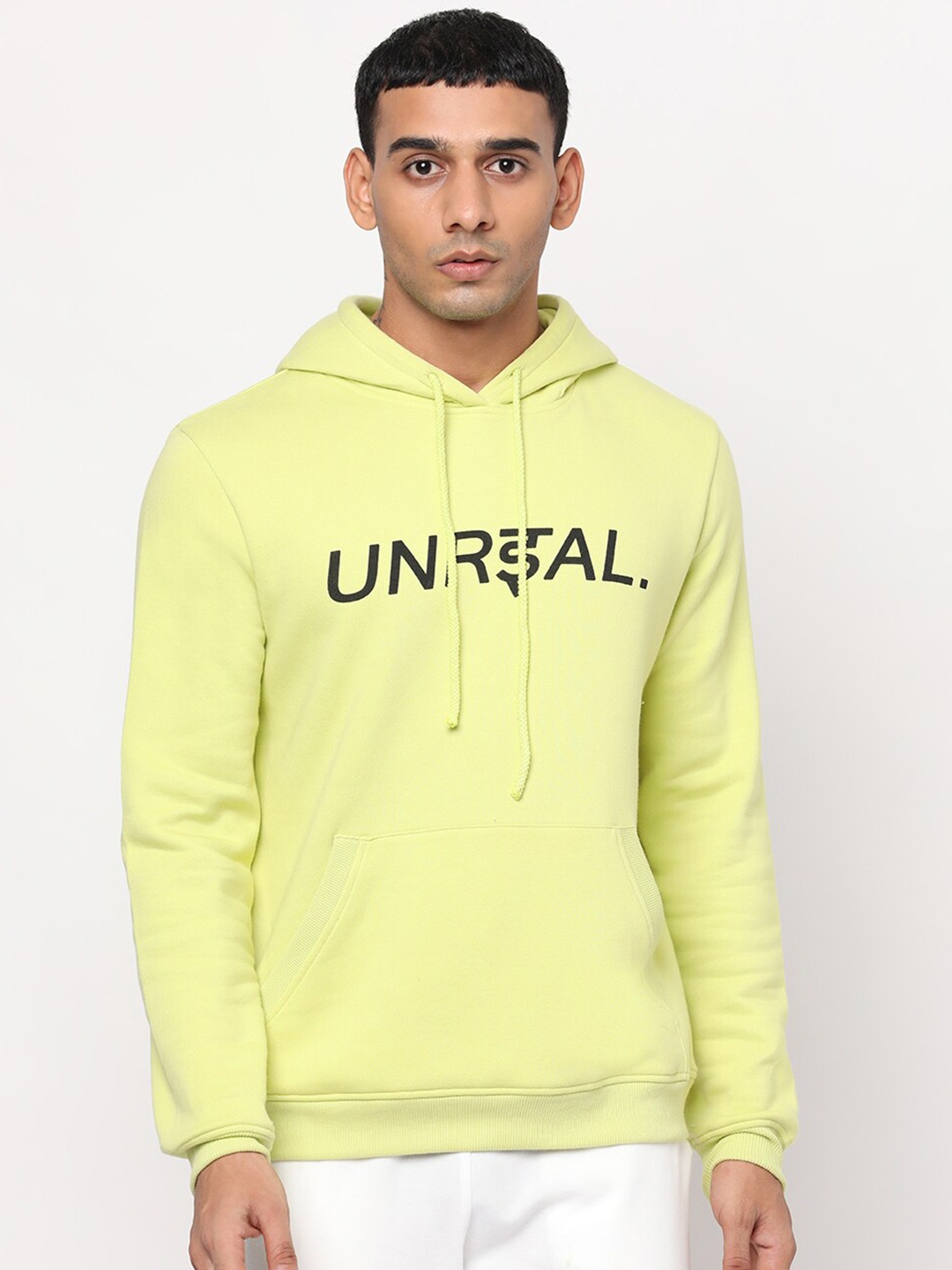 

YOONOY Men Fluorescent Green Typography Printed Hooded Sweatshirt