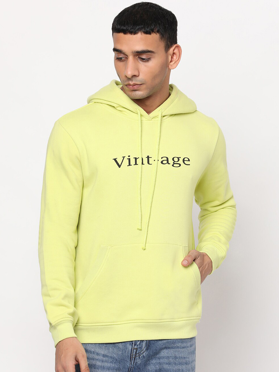 

YOONOY Men Fluorescent Green Typography Printed Hooded Sweatshirt