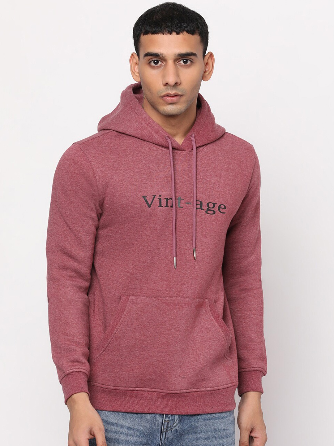 

YOONOY Men Maroon Typography Printed Hooded Sweatshirt