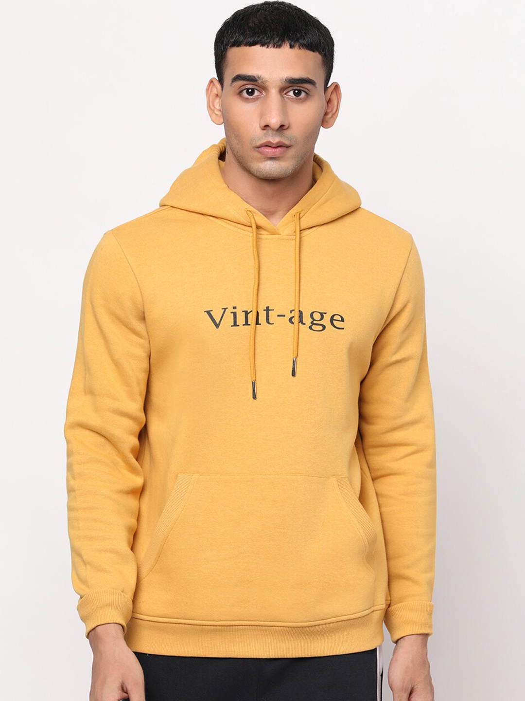 

YOONOY Men Mustard Yellow Typography Printed Hooded Sweatshirt