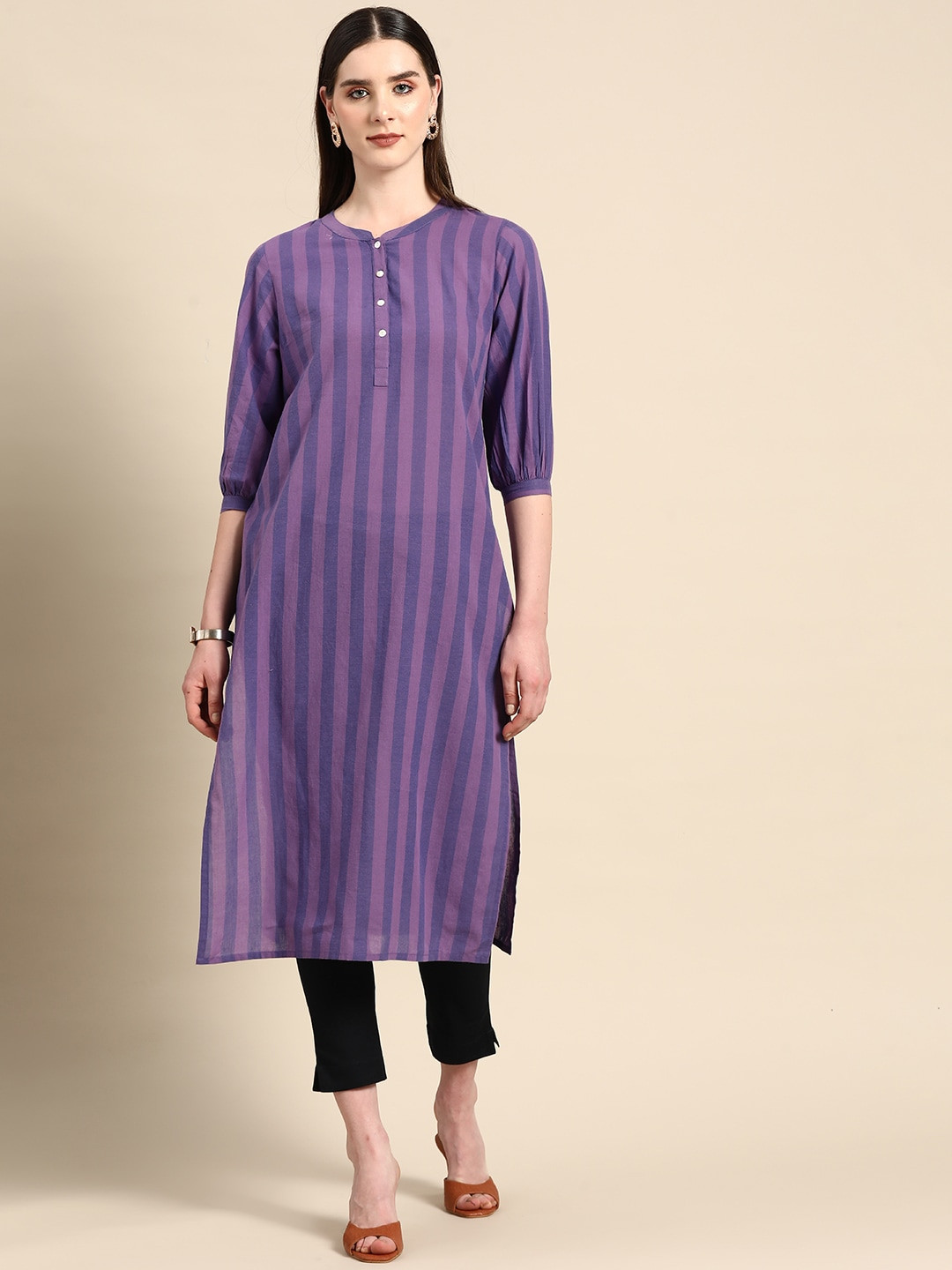 

Anouk X Kaamkaaj Women Pure Cotton Striped Kurta, Purple