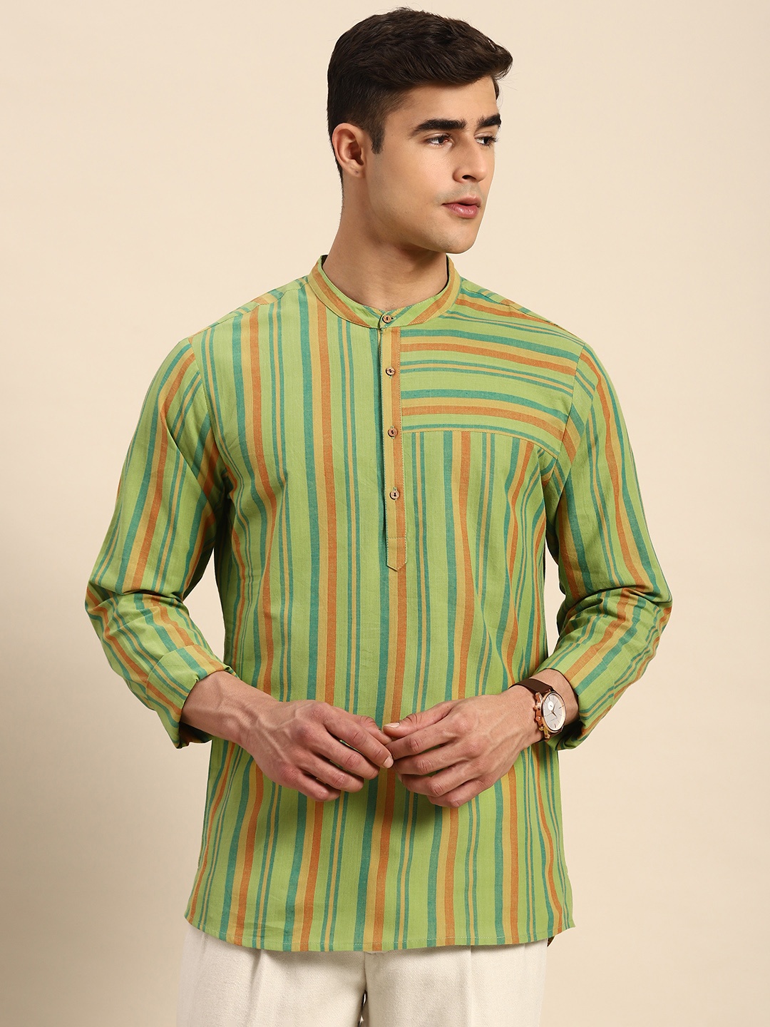 

Anouk Striped Pure Cotton Kurta, Green