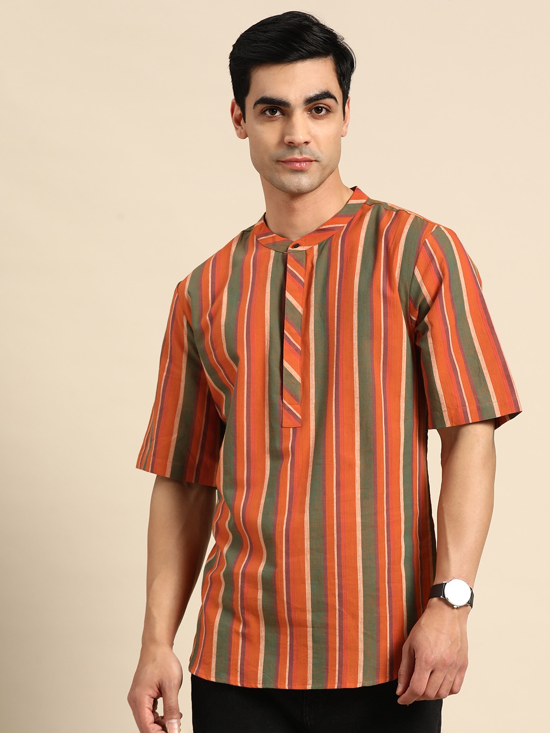 

Anouk X Kaamkaaj Men Pure Cotton Striped Kurta, Rust