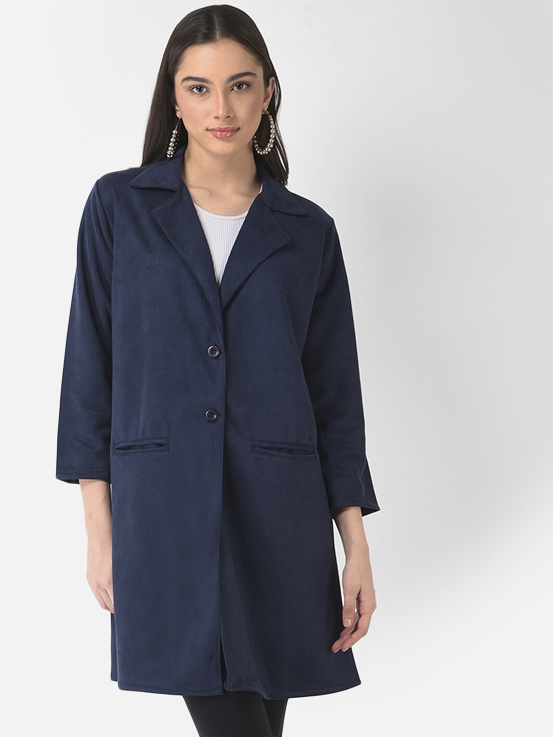 

FNOCKS Women Navy Blue Cotton Solid Overcoat