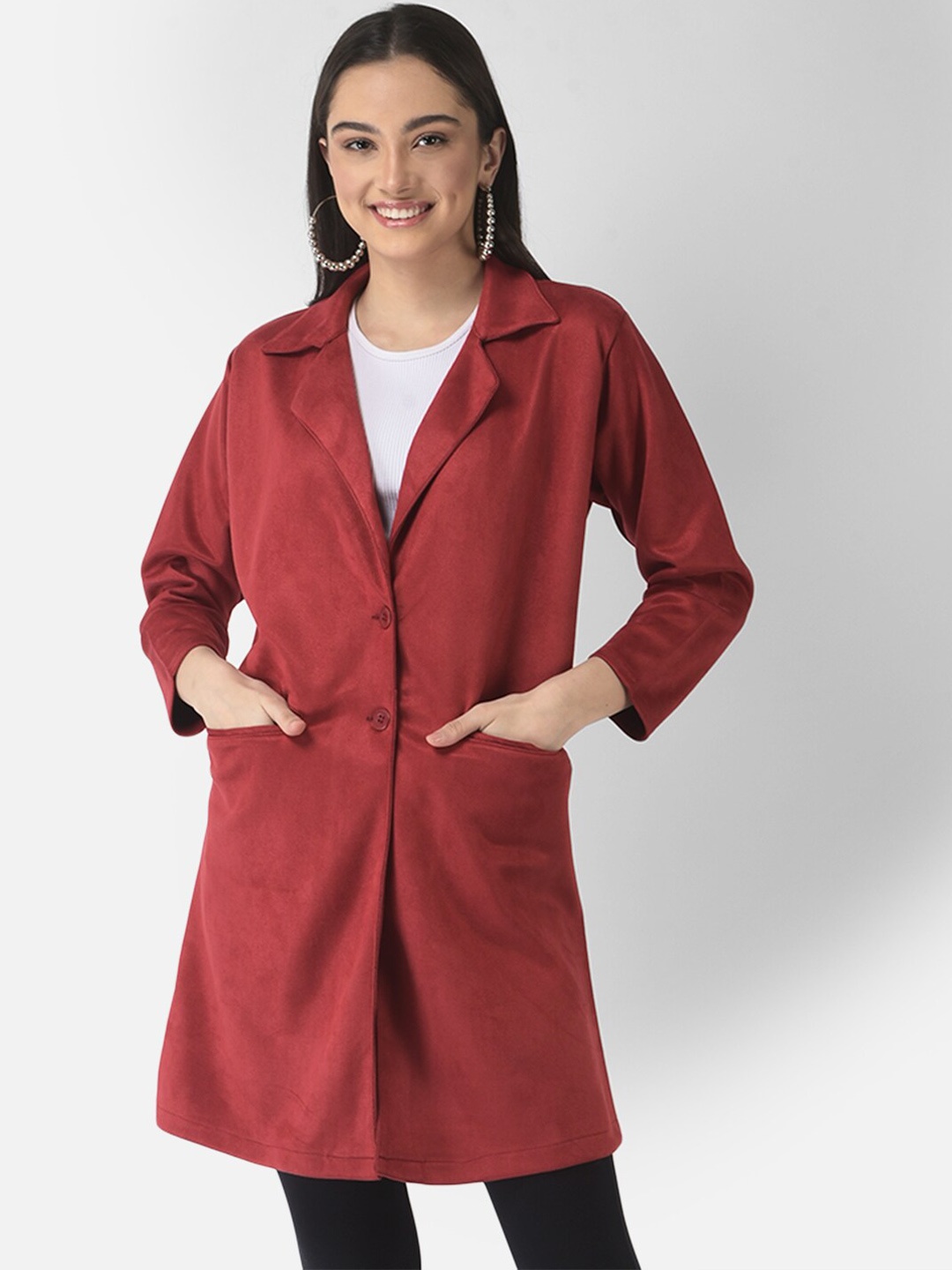 

FNOCKS Women Maroon Cotton Solid Overcoat