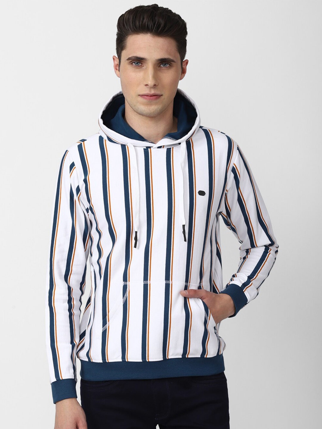 

Peter England Casuals Men White Striped Hooded Sweatshirt
